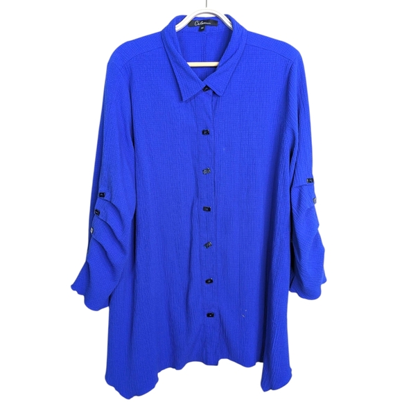 Calessa Asymmetrical Swing Tunic Top 1X Lagenlook Relaxed Fit Blue Button Front - Picture 1 of 12